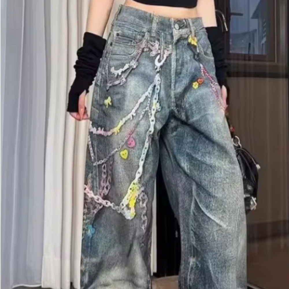 Blue Flare Wide Leg Jeans with Distressed Details